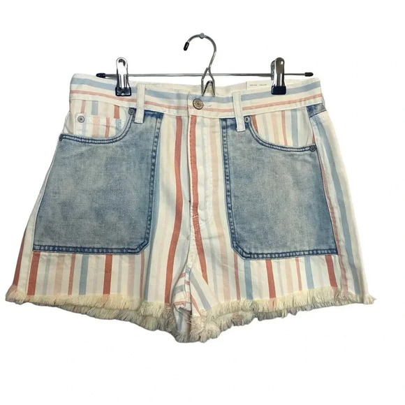 NWT American Eagle AE High Rise Mom Jean Shorts Denim Pastel Striped Raw Hem 8 - Picture 2 of 8